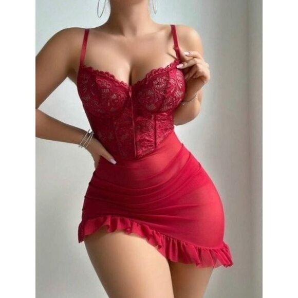 Sexy Burgundy Lace Contrast Mesh Lingerie Set - Picture 2 of 6